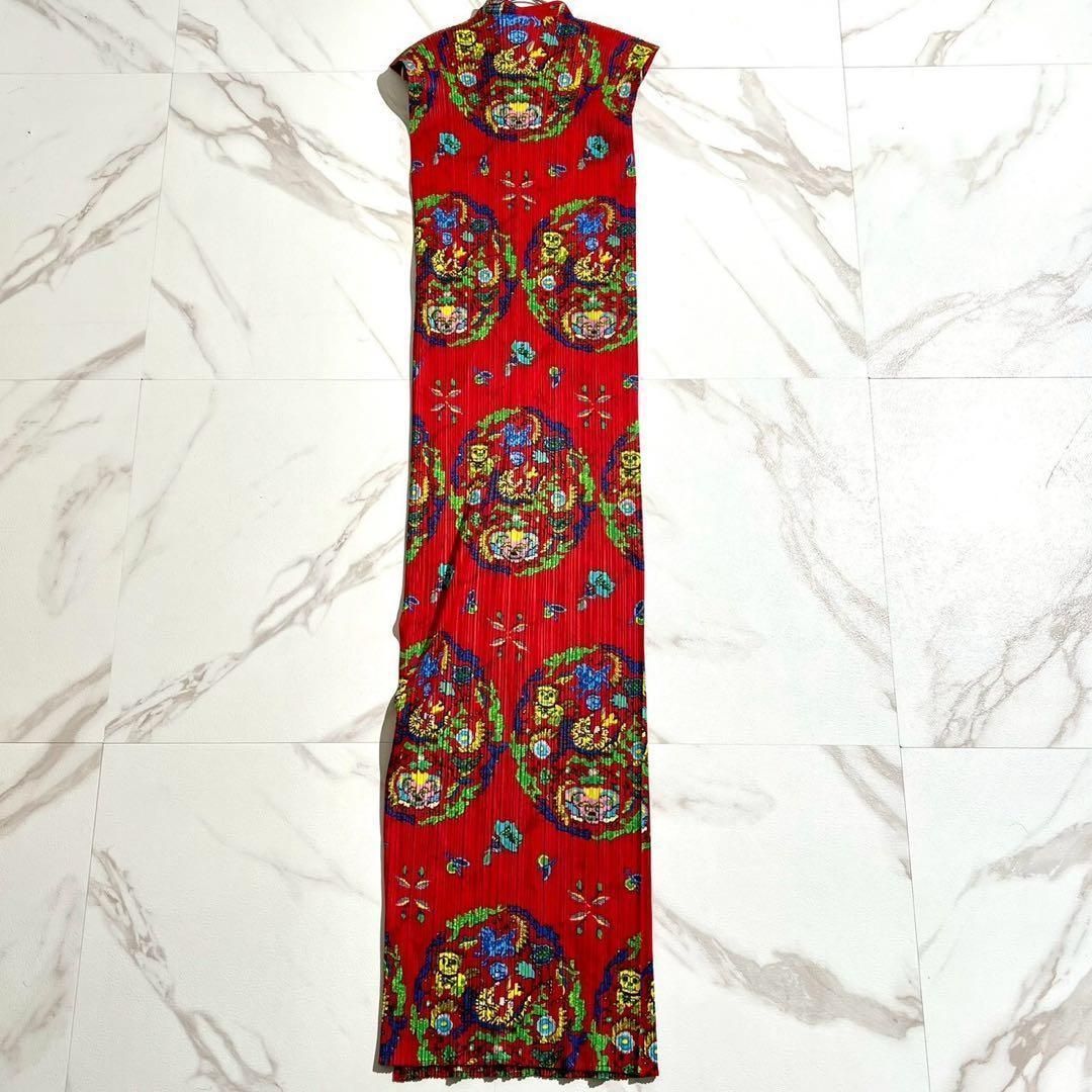 PLEATS PLEASE プリーツプリーズ 1998 SS 1998年春夏 名作 アーカイブ archive ドラゴン シーサー ロングワンピース ドレス 総柄 中国POP レッド XL相当 レディース ビンテージ ヴィンテージ