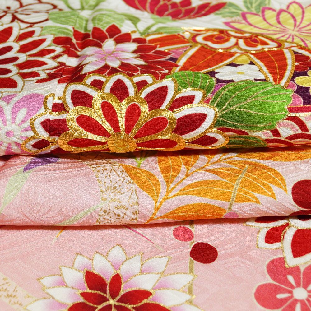  振袖セット 振袖 袋帯 長襦袢 3点 セット 手鞠に百花模様 Lサイズ 刺繍 帯 踊り着物 カラオケ 踊り用 踊り 販売 着物 リサイクル リサイクル着物 正絹 成人式 アウトレット 振袖 着物