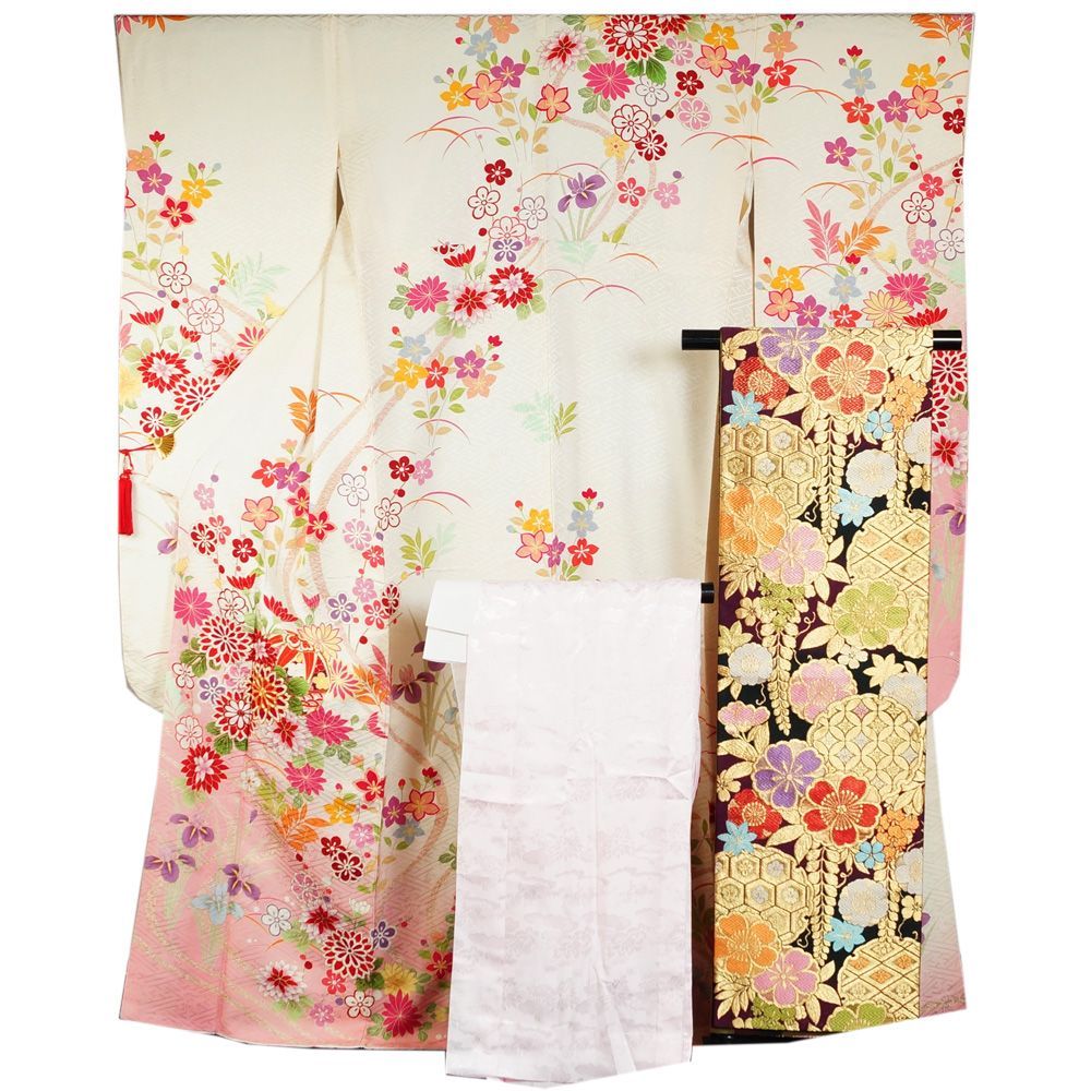 振袖セット 振袖 袋帯 長襦袢 3点 セット 手鞠に百花模様 Lサイズ 刺繍 帯 踊り着物 カラオケ 踊り用 踊り 販売 着物 リサイクル リサイクル着物 正絹 成人式 アウトレット