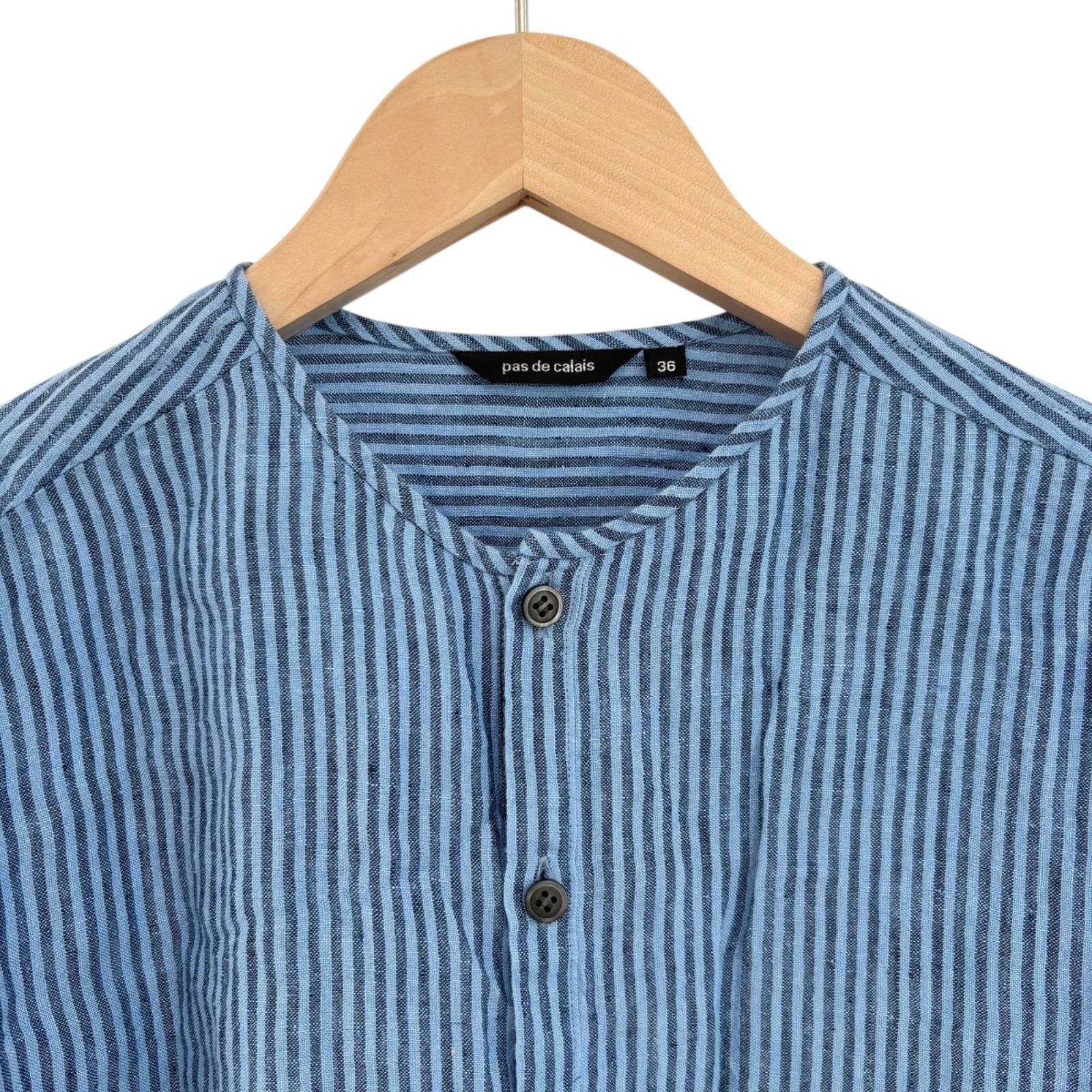 Z1611 pas de calais パドカレ リネンストライプ長袖ブラウス ブルー