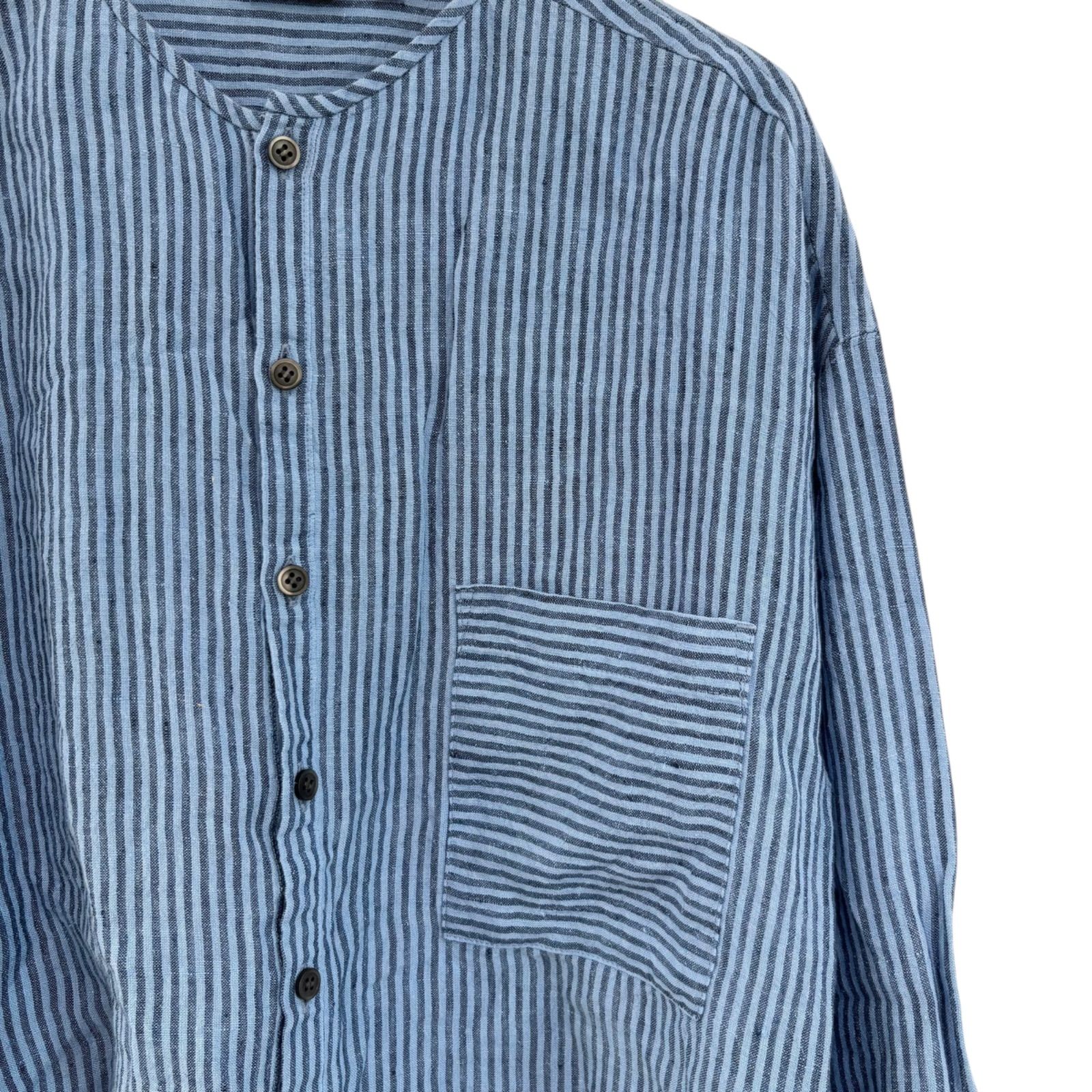 Z1611 pas de calais パドカレ リネンストライプ長袖ブラウス ブルー