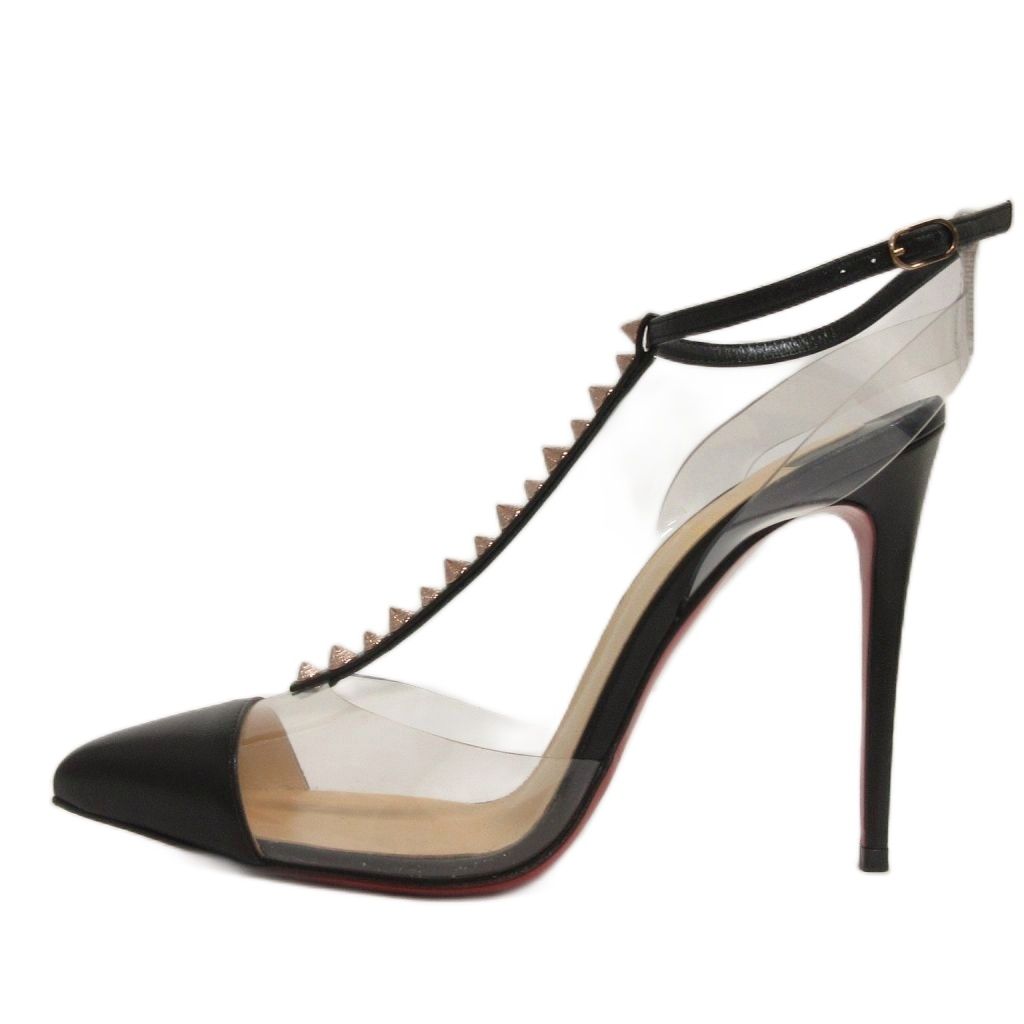 クリスチャンルブタン Christian louboutin クリア ストラップ パンプス スタッズ ポインテッドトゥ ピンヒール ブラック系 36.5