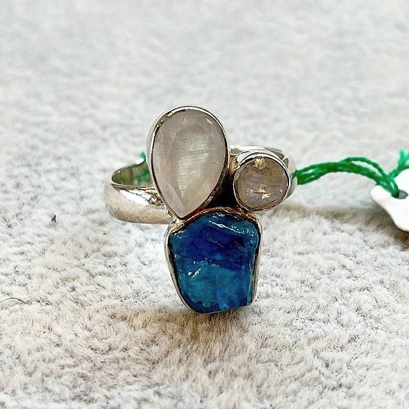 シルバーリング ブルーアパタイト ムーンストーン 16号 シルバー925 天然石 指輪 原石風カット ハンドメイド 一点もの 手作り 刻印 レディース メンズ おしゃれ プレゼント ギフト 誕生日 記念日 贈り物