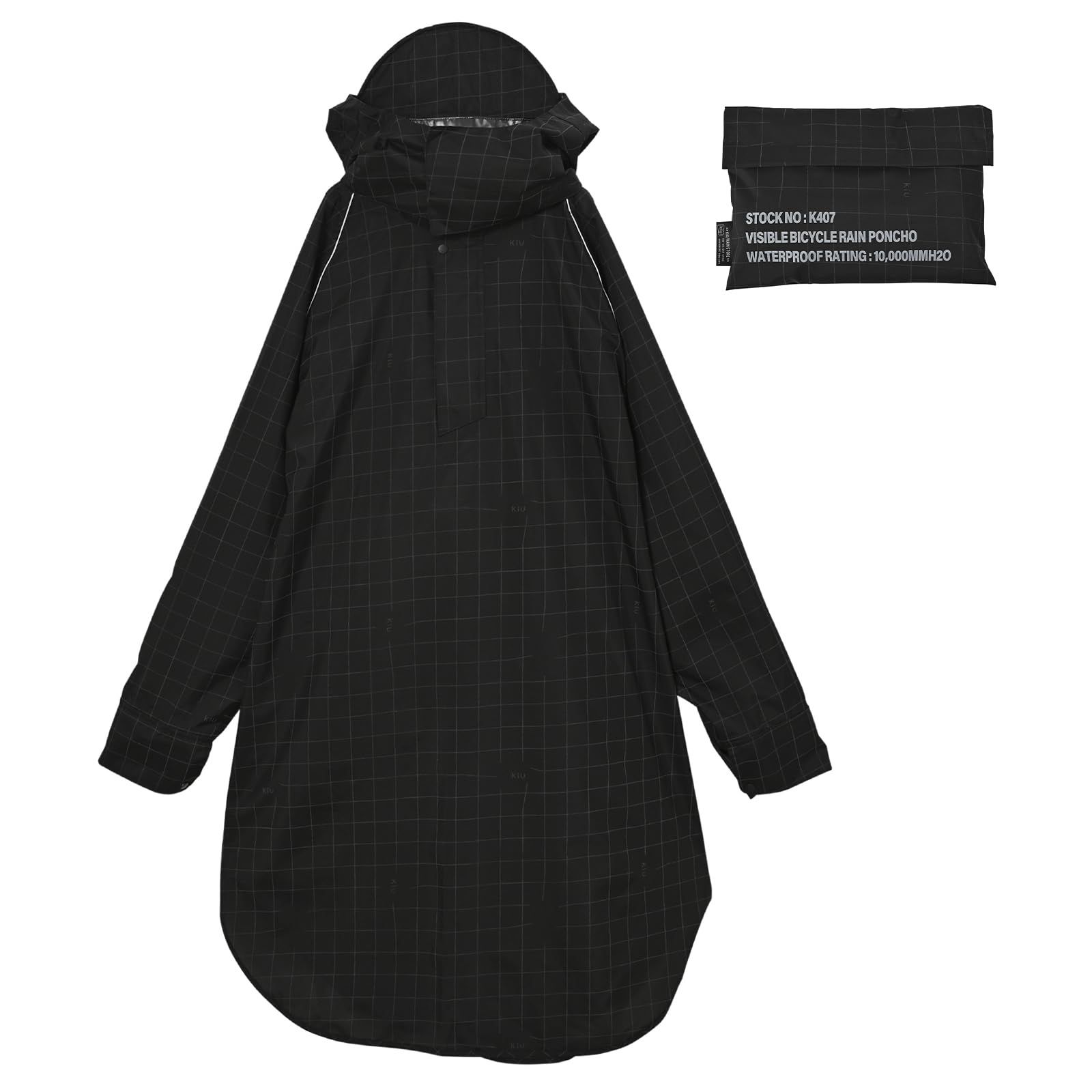 キウ ビジブルバイシクルレインポンチョ VISIBLE BICYCLE RAIN PONCHO 防水 撥水 はっ水 耐水 雨対策 台風 梅雨 防災 レインコート スリーブポンチョ アノラック 雨具 袖付き 収納袋 ポケット おしゃれ グリッドブラック