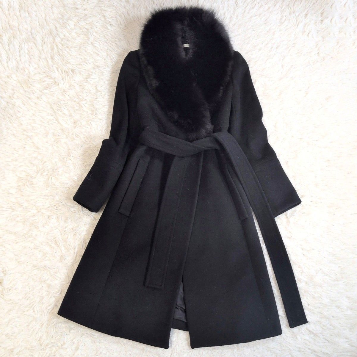 人気 DVF STUDIO ダイアンフォンファステンバーグ フォックスファー付きウールコート ロング ショール 黒 0 S相当 ベルト Aライン 女優襟