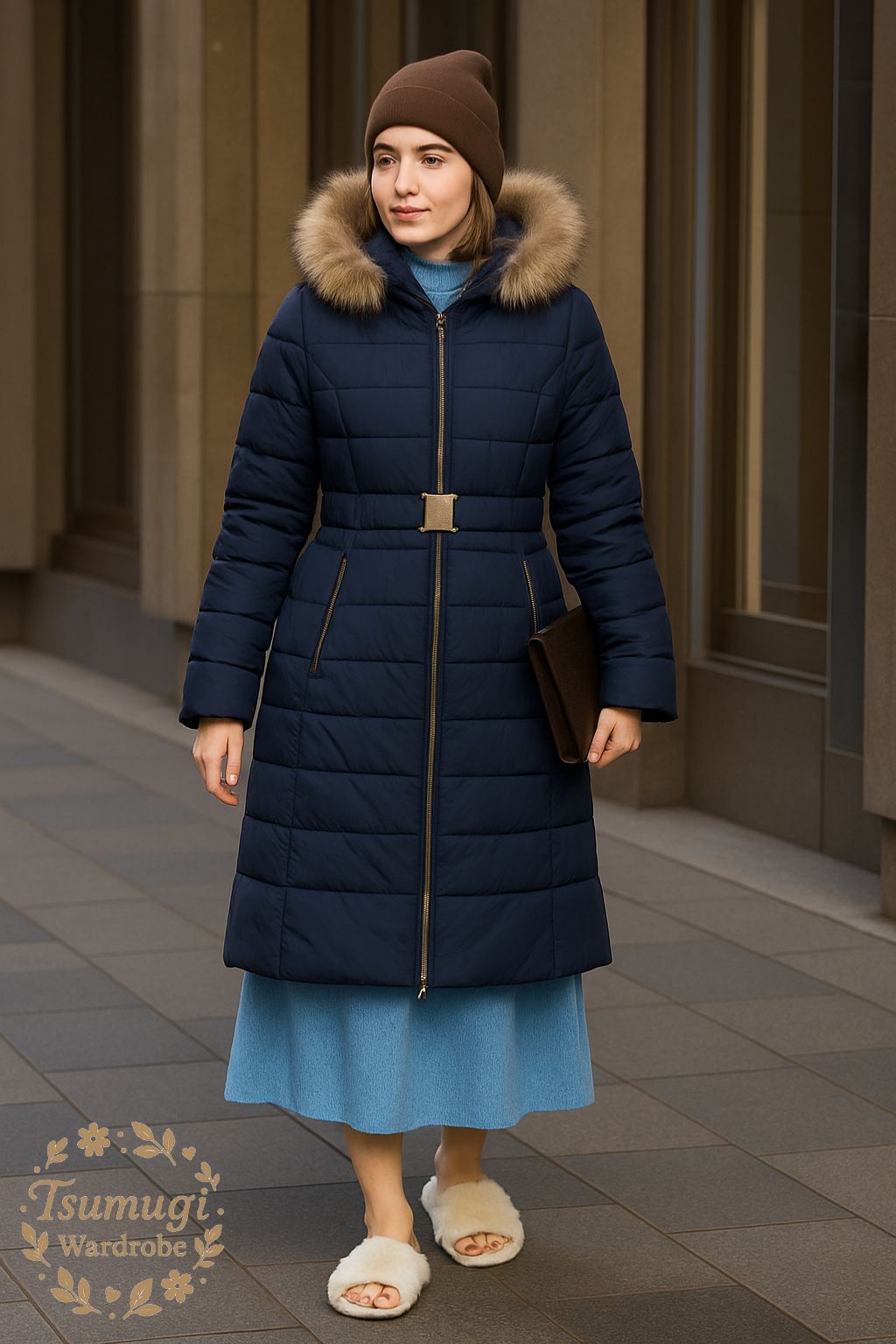 専用　MAX&Co. ライトダウンコート　38 ネイビー　ラビットファージレ付き Max&Co マックスアンドコー ベルテットロング ダウンコート 切り替え