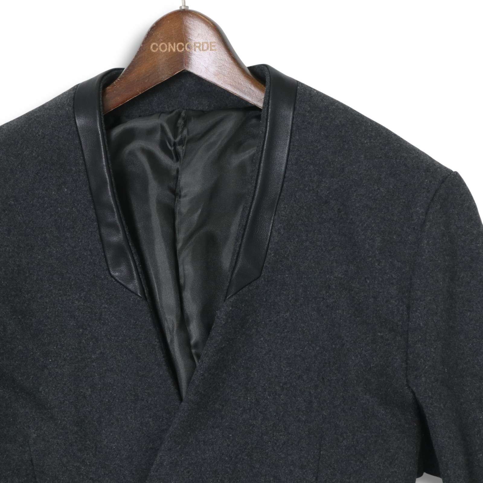 NOID. BLACK ノーアイディー 秋冬 羊革 ラム レザー使い ノー ウール混 ロング コート Sz.3 メンズ 灰 グレー