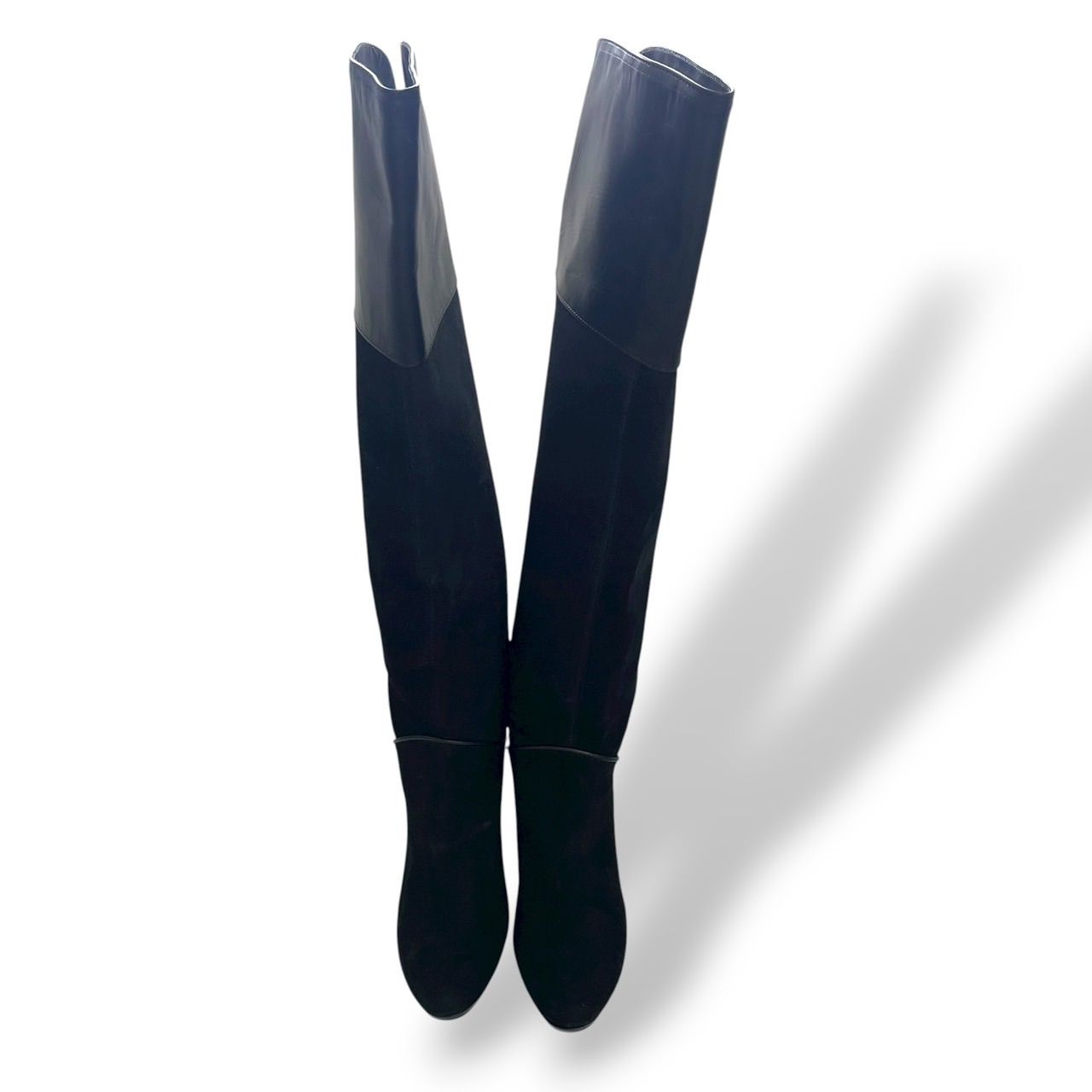 美品 銀座かねまつ ロングブーツ スエード レザー 異素材ミックス 黒