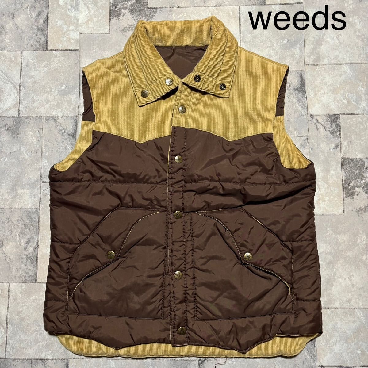 weeds US古着 ヴィンテージ リバーシブルベスト ナイロン コーデュロイ 中綿 ベージュ ブラウン サイズL相当 玉FS1739