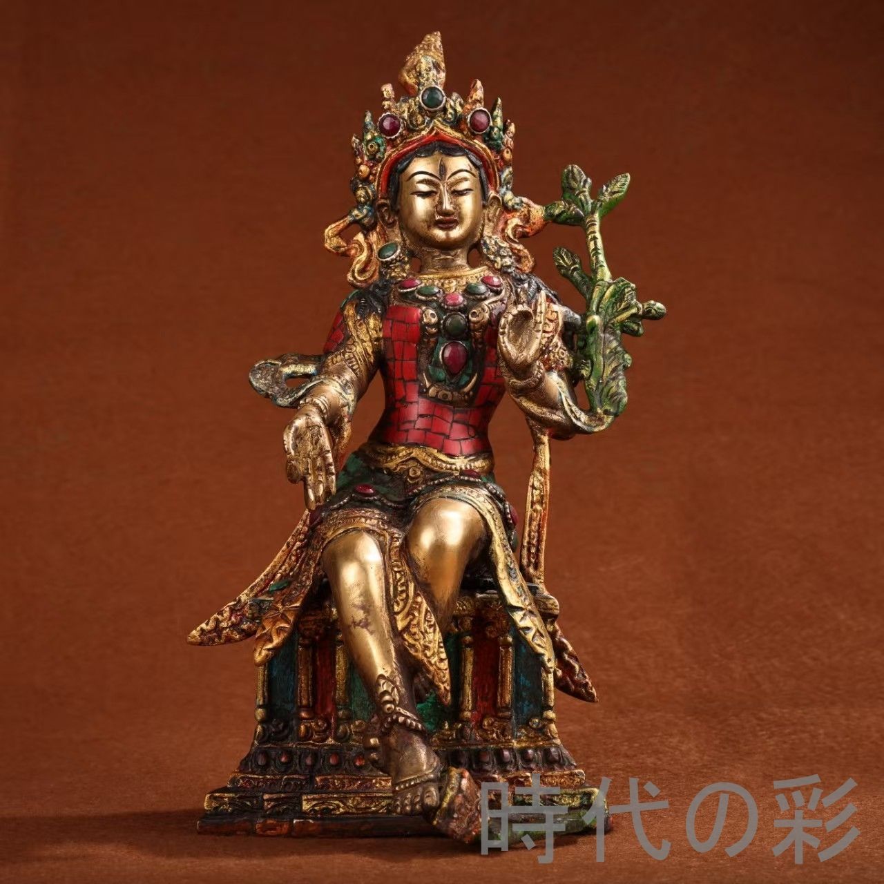 旧蔵 緑度母像 純銅手作り 宝石嵌 彩絵鍍金 西蔵造像 佛像 仏像 仏教古美術 細工 古銅器 置物 擺件 中国古美術 時代物 古董品 収集 旧家蔵出 唐物R07110811