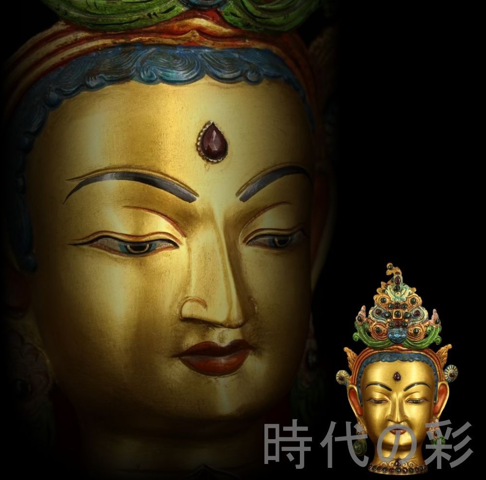 旧蔵 蔵伝度母仏頭像 純銅 宝石嵌 彩絵鍍金 大型造像 佛像 仏像 仏教古美術 細工 古銅器 置物擺件 中国古美術 時代物 古董品 収集 旧家蔵出 唐物 R07110819
