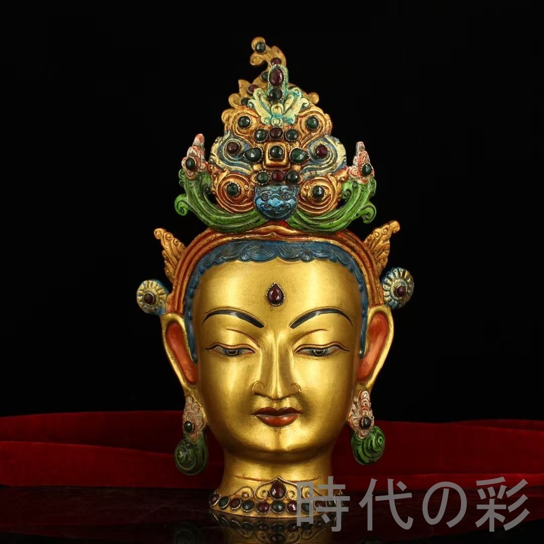 旧蔵 蔵伝度母仏頭像 純銅 宝石嵌 彩絵鍍金 大型造像 佛像 仏像 仏教古美術 細工 古銅器 置物擺件 中国古美術 時代物 古董品 収集 旧家蔵出 唐物 R07110819