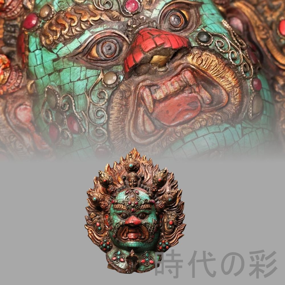 西蔵寺院旧蔵 マハーカーラ面具 純銅 鍍金彩絵 宝石嵌装 高浮彫鏨刻 細工 古銅器 置物 擺件 中国古美術 時代物 古董品 収集 旧家蔵出 唐物 R07110808