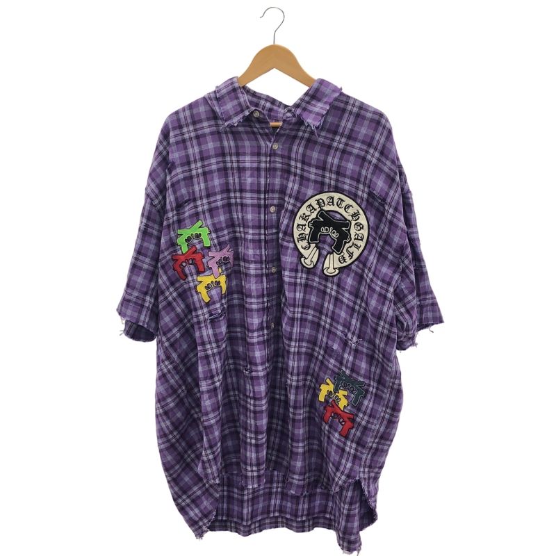 GALFY ダメージ加工 半袖チェックシャツ サイズL 紫 ガルフィー 91