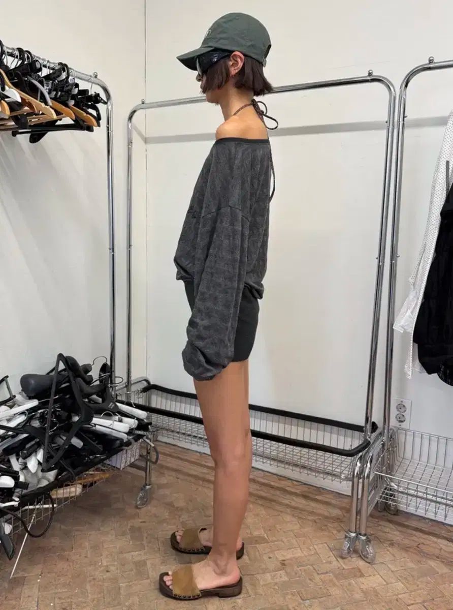  SEO リブヘム オフショルダートップ チャコール 長袖 Tシャツ カットソー