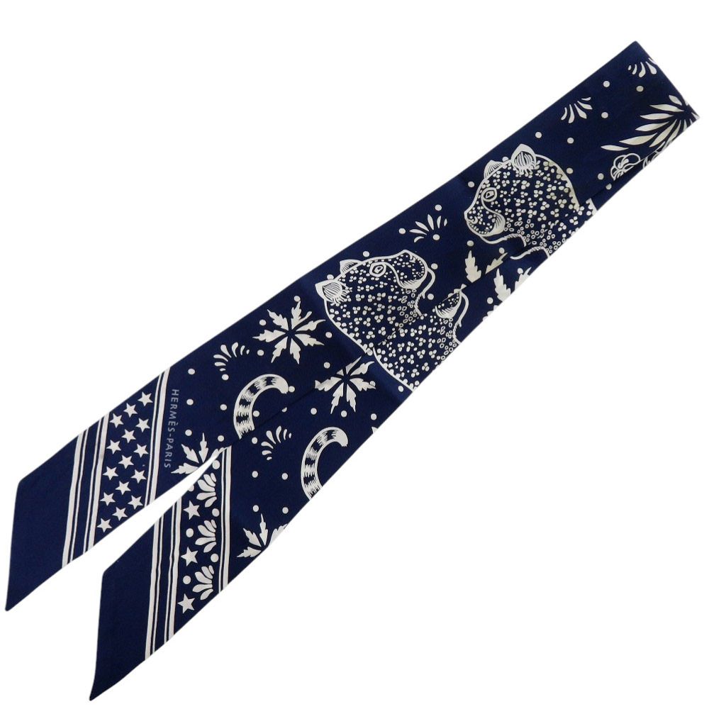 エルメス ツイリー レオパード Les Leopards Bandana シルク マリン ブラン ネイビー ホワイト スカーフ 0196 HERMES