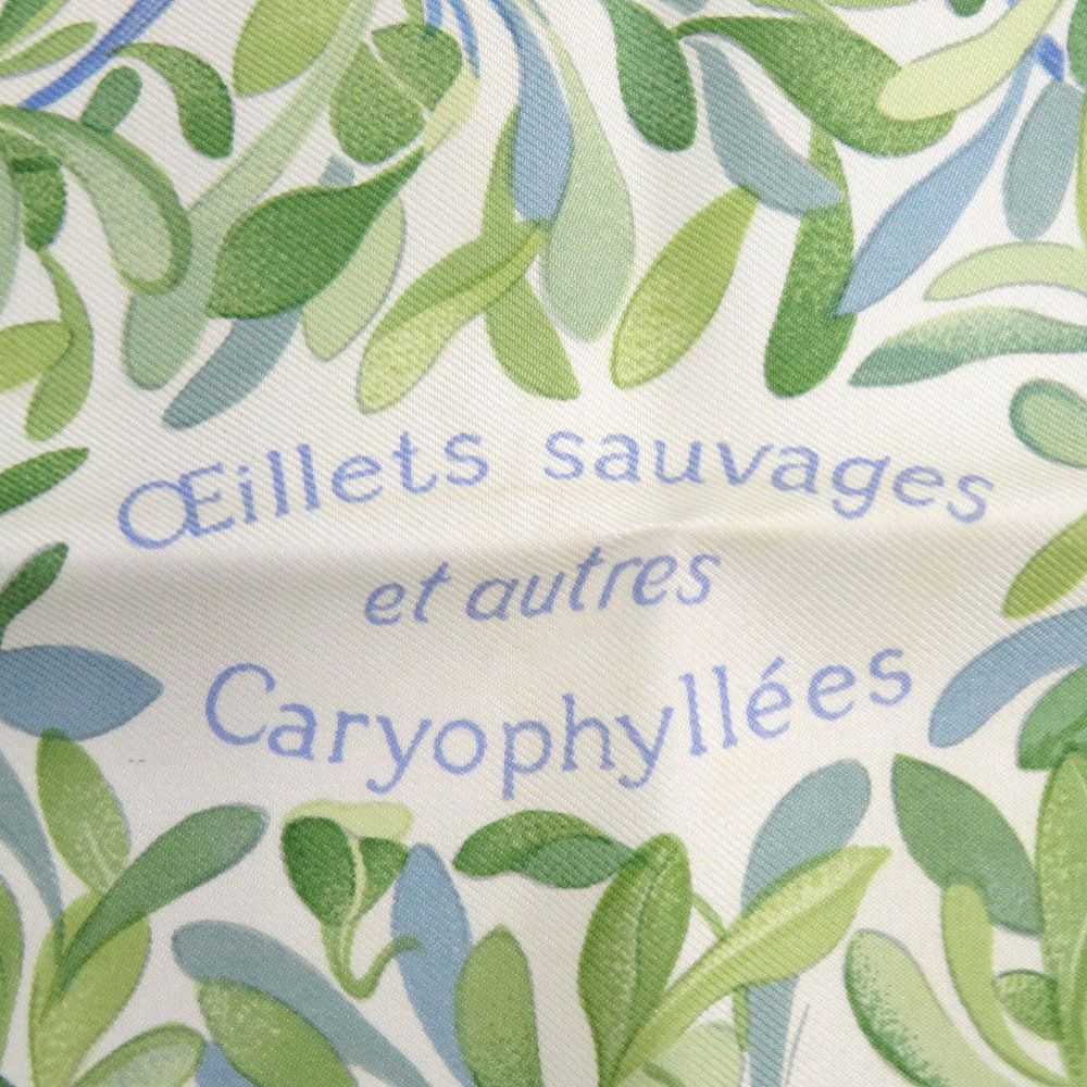 エルメス カレ90 野生のカーネーションやナデシコ OEillets Sauvages et Autres Caryophyllées シルク ライトブルー クリーム グリーン スカーフ 0144 HERMES
