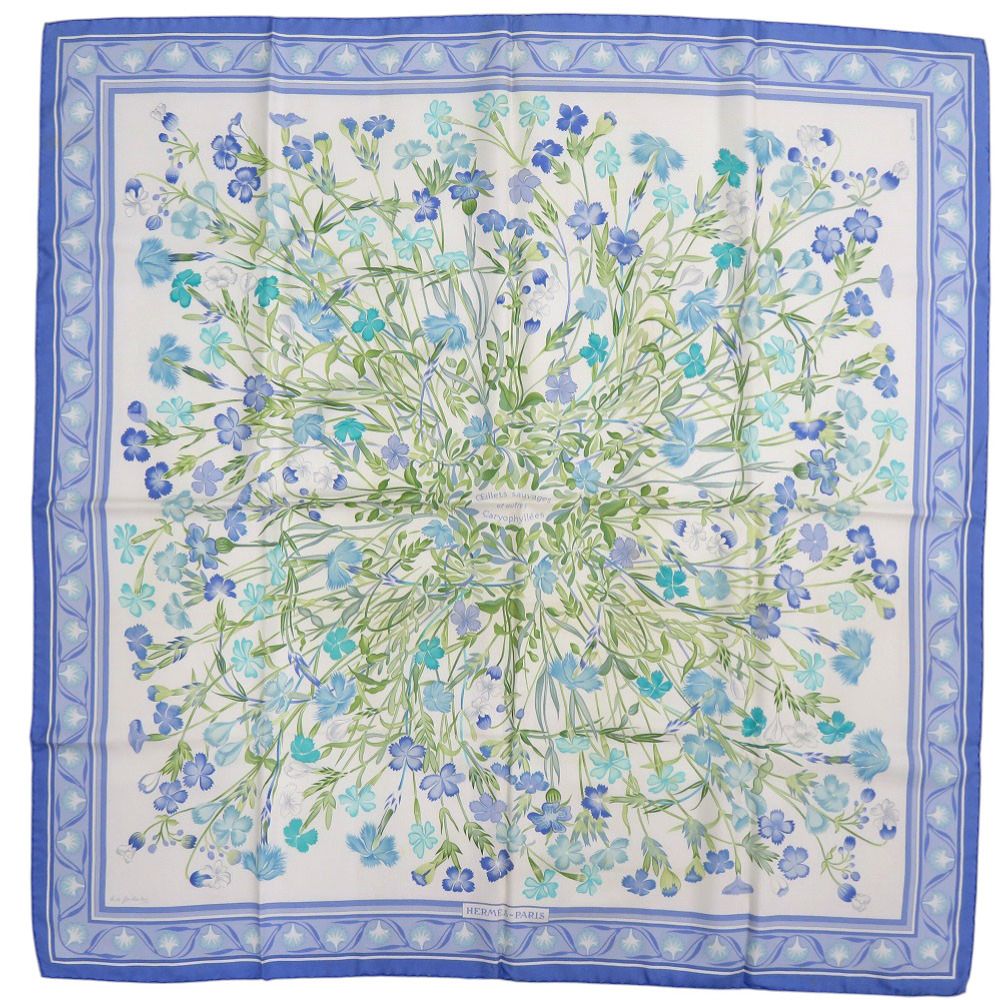エルメス カレ90 野生のカーネーションやナデシコ OEillets Sauvages et Autres Caryophyllées シルク ライトブルー クリーム グリーン スカーフ 0144 HERMES