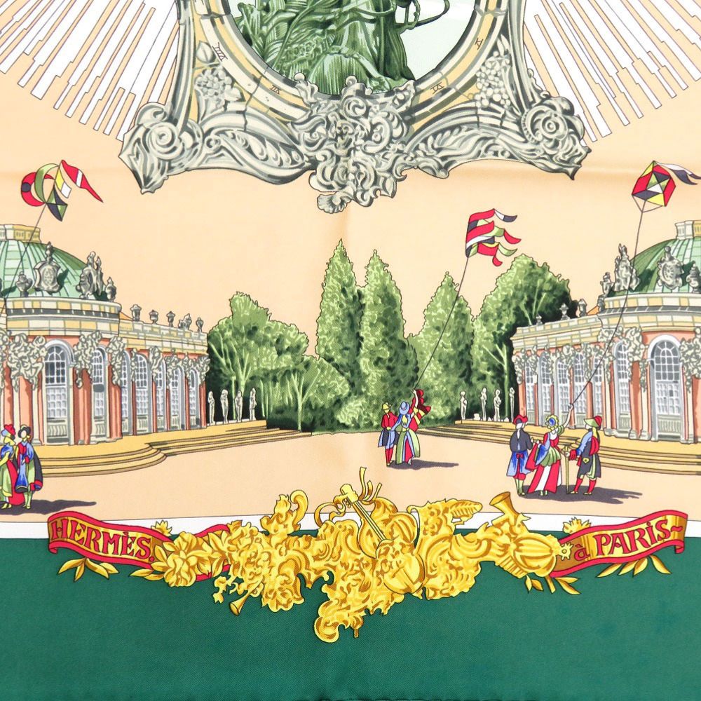 エルメス カレ90 サンスーシー宮殿 シルク グリーン ゴールド レッド スカーフ 0137 HERMES