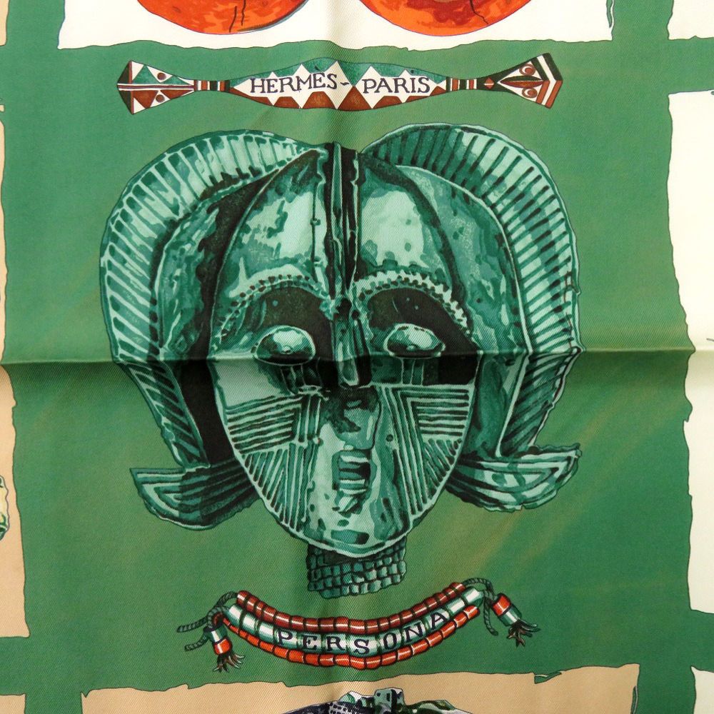 エルメス カレ90 ペルソナ PERSONA シルク グリーン オレンジ レッド スカーフ 0105 HERMES