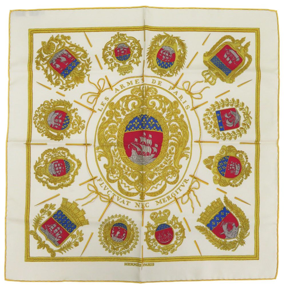 エルメス カレ45 プチカレ パリの紋章 LES ARMES DE PARIS シルク クリーム ゴールド レッド スカーフ 0155 HERMES