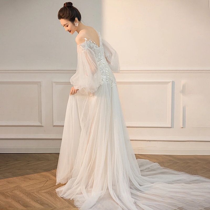 ウェディングドレス M チュール袖 レース 前撮り フォト 結婚式 発表会 