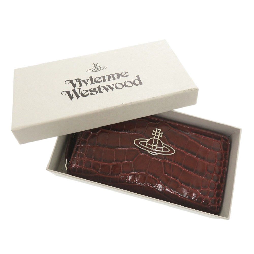 ヴィヴィアンウエストウッド THIN LINE ORB 型押しレザー ボルドー ラウンドファスナー 長財布 1435 Vivienne Westwood