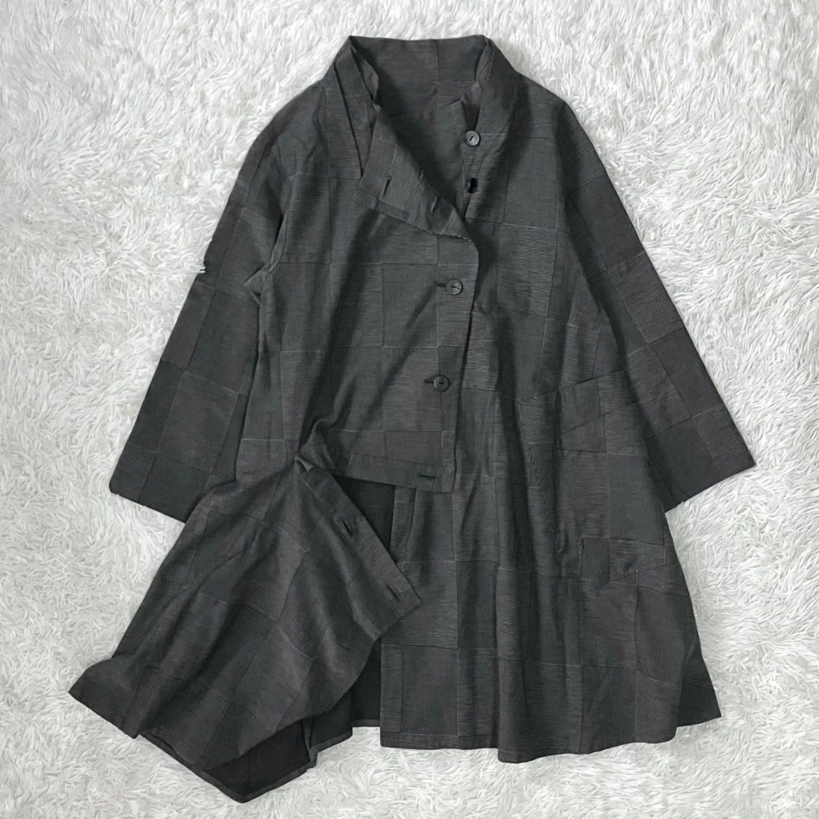 慈雨 変形ロングコート アシンメトリー コットン製 グレー チェック柄