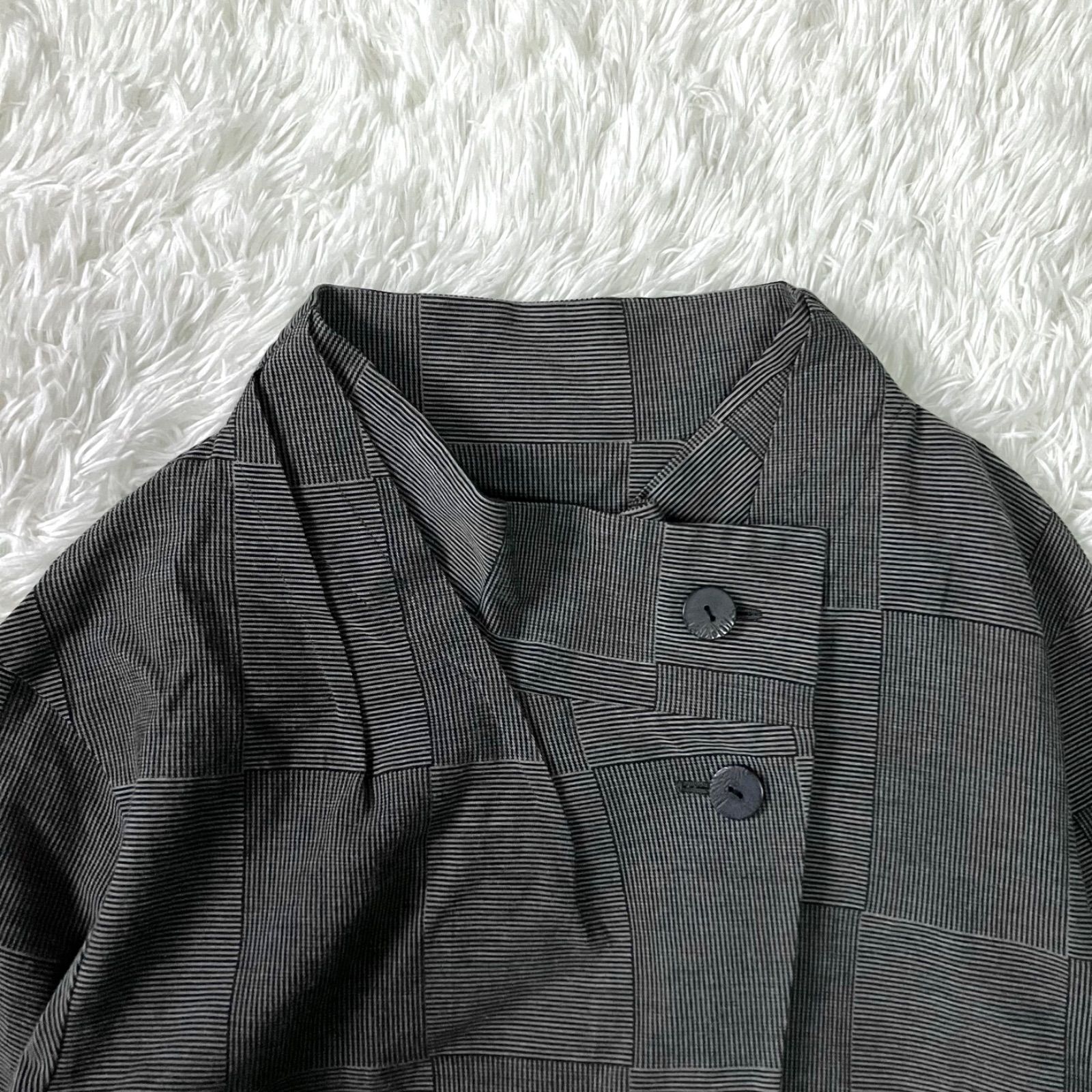 慈雨 変形ロングコート アシンメトリー コットン製 グレー チェック柄