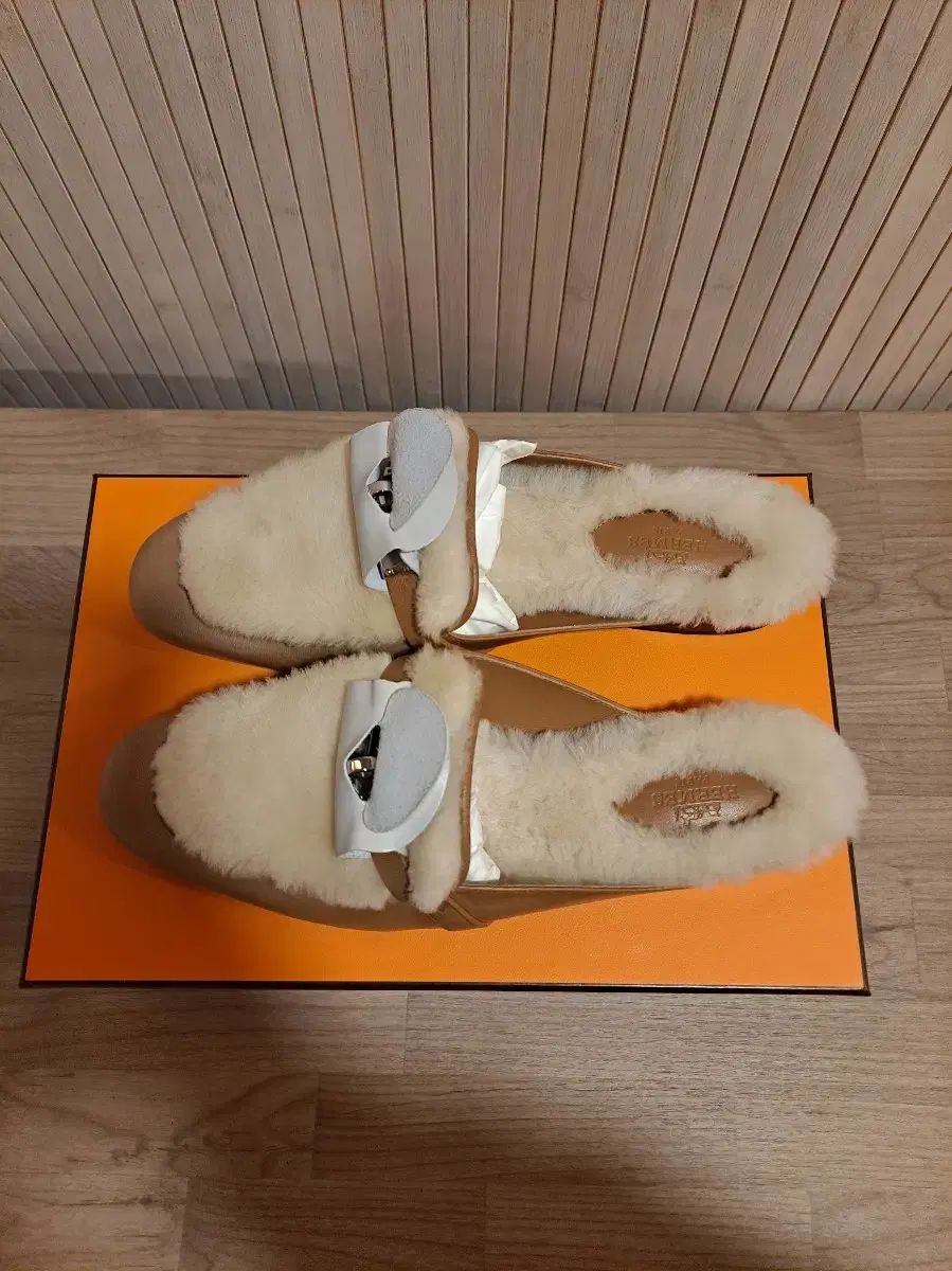 エルメス シフォン ミュール ブラウン ファー スリッパ