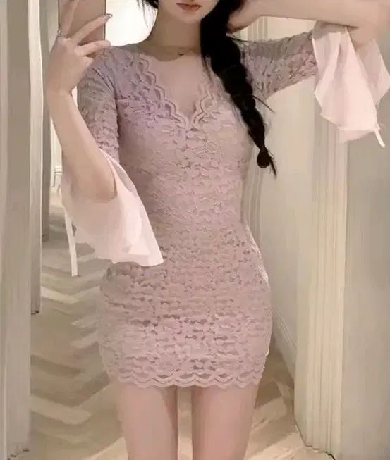 予約 パープル レース ミニ ワンピース パフスリーブ パーティー衣装