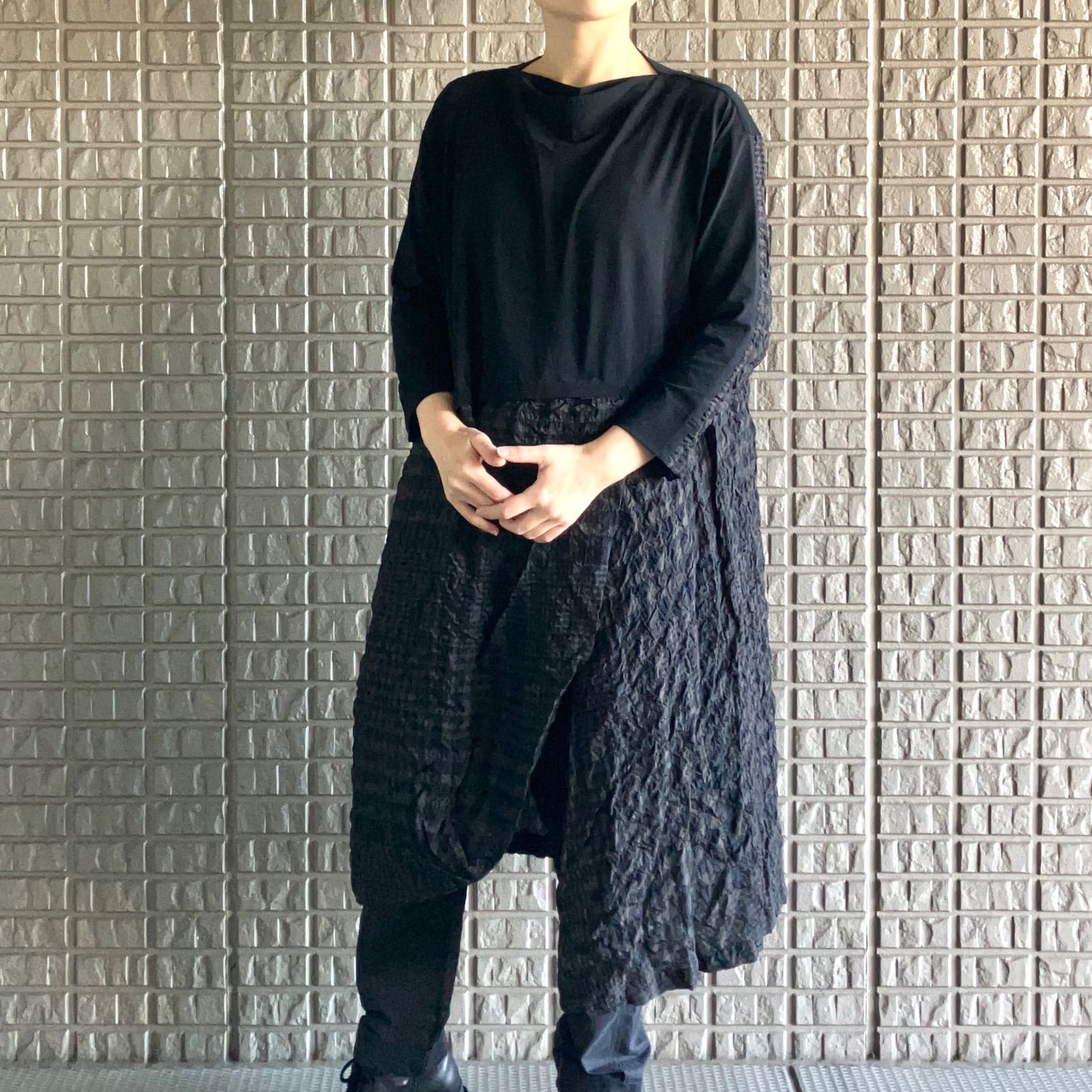 芽風 異素材切り替えしのロングワンピース ブラック チェック柄 長袖 デザイナーズ 38サイズ