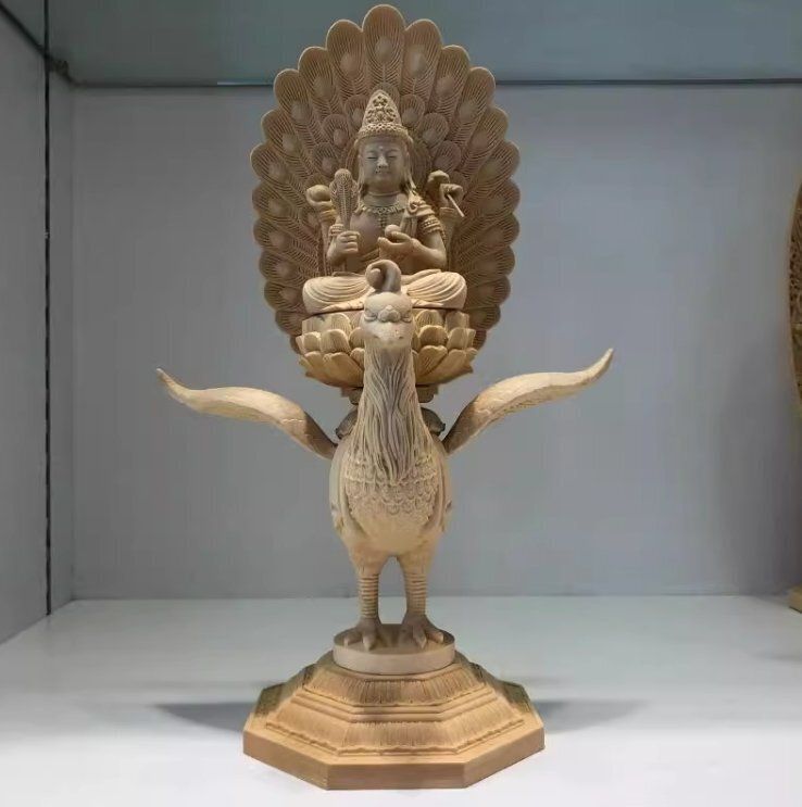 至極の木工☆職人手作り 檜木 仏教工芸品 木彫仏教 精密彫刻 孔雀明