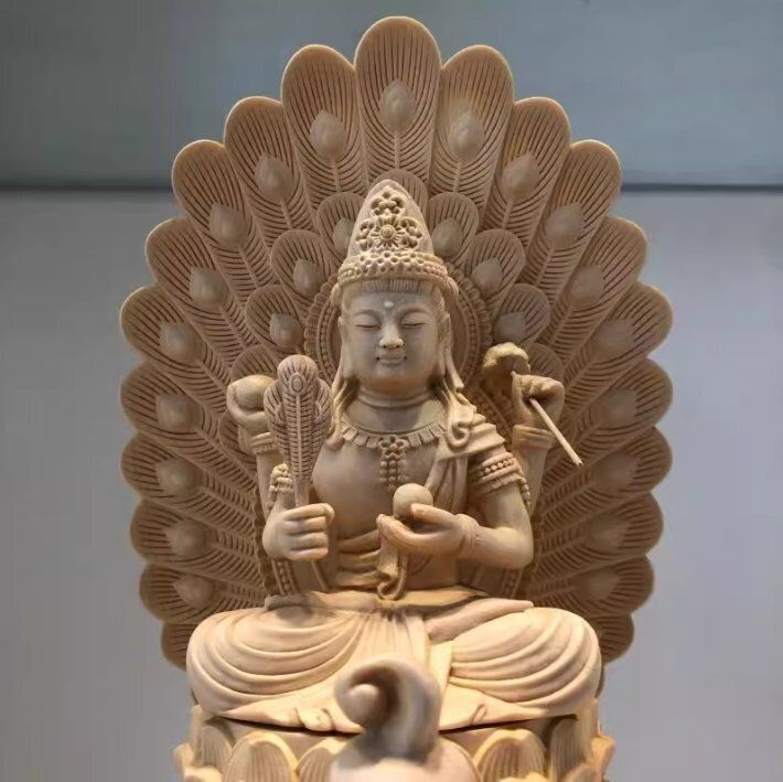 至極の木工☆職人手作り 檜木 仏教工芸品 木彫仏教 精密彫刻 孔雀明