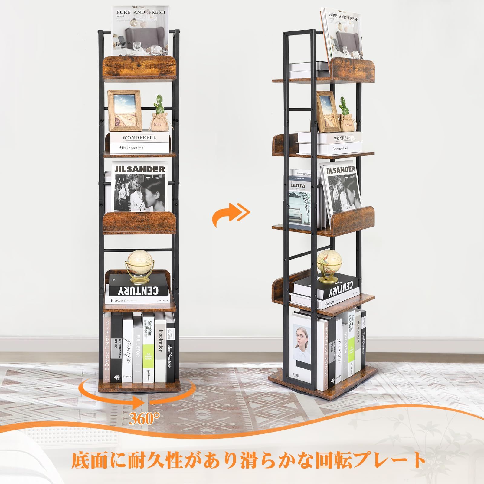 【特価商品】スリム コンパクト 360回転 大容量 漫画ラック 絵本棚 タワーラック コミックラック 5段 ブックタワー 床置き 本棚 ブックシェルフ 回転本棚 文庫本ラック 隙間収納 すきま収納 大容量 本棚 絵本棚 移動便利 コミック棚 イルミインテリア