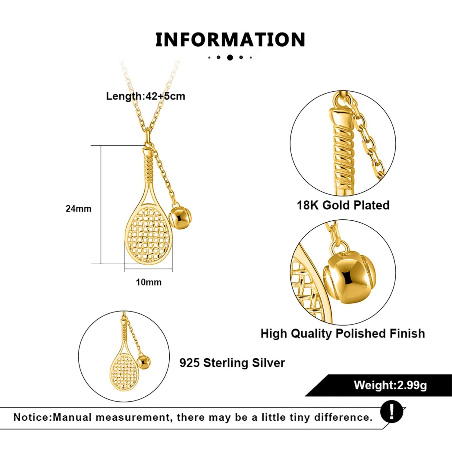 PickleBelle Lovematch テニスラケットとボールネックレス - 18 Kゴールドネックレス レディース 彼女へのギフト バレンタインデー 結婚記念日 プレゼント テニス愛好家へのギフト スターリングシルバー 宝石なし