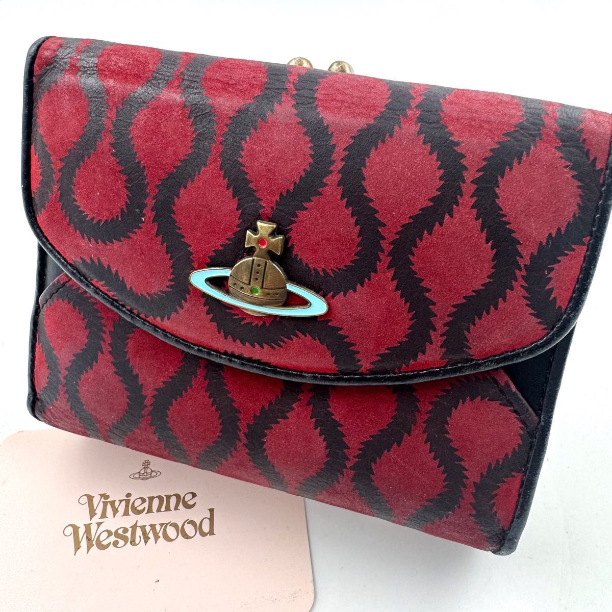 廃盤 初期スクイグル Vivienne Westwood ヴィヴィアン ウエストウッド がま口 折り財布 赤 黒 オーブ 金具