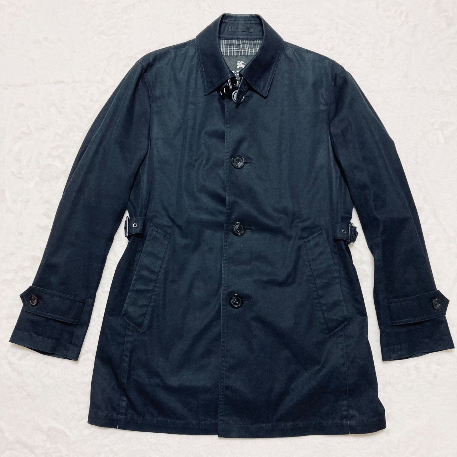 BURBERRY BLACK LABEL バーバリーブラックレーベル ステン コート スプリングコート sizeM 側面ベルトデザイン 美シルエット ブラック×裏地グレーノバチェック メンズ 春秋冬