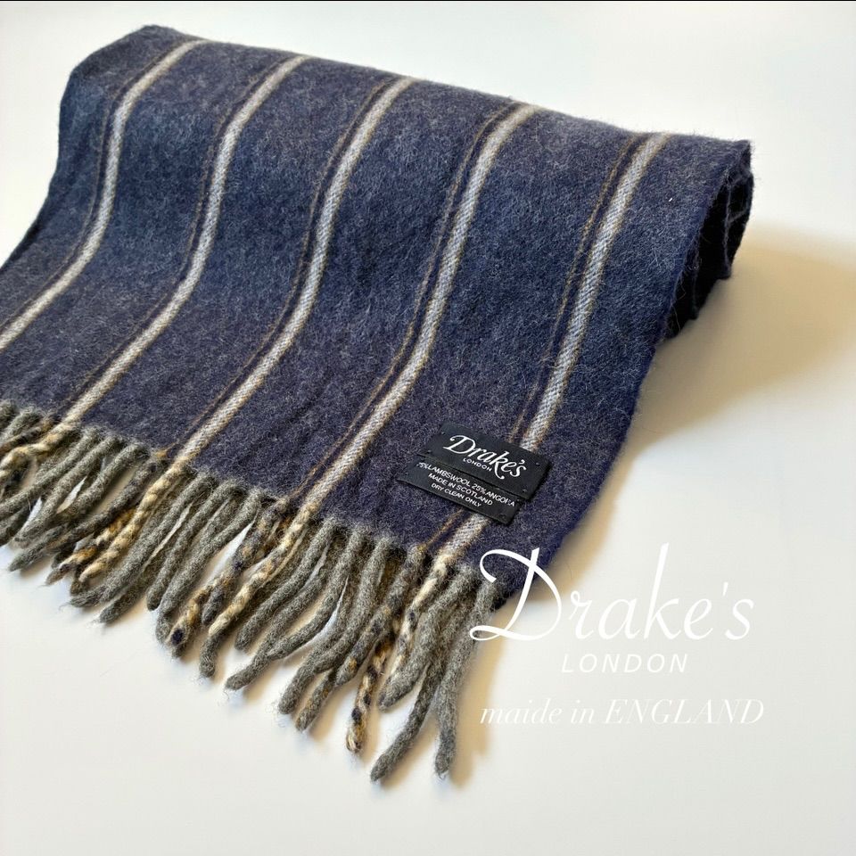 Drakes ウールアンゴラ ストライプ リバーシブルマフラー