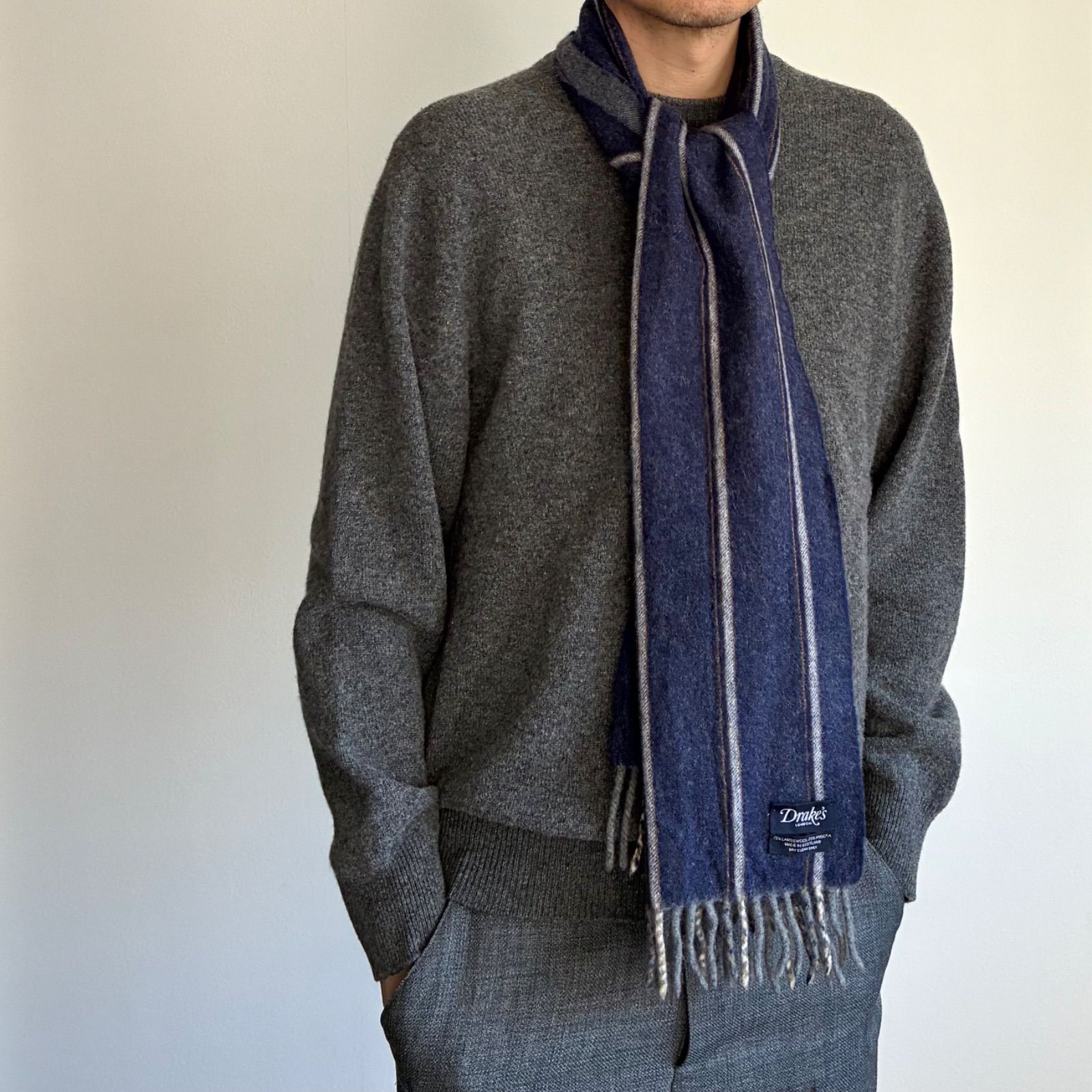 DRAKE'S ウール アンゴラ マフラー グレー ネイビー 割引 ストライプ