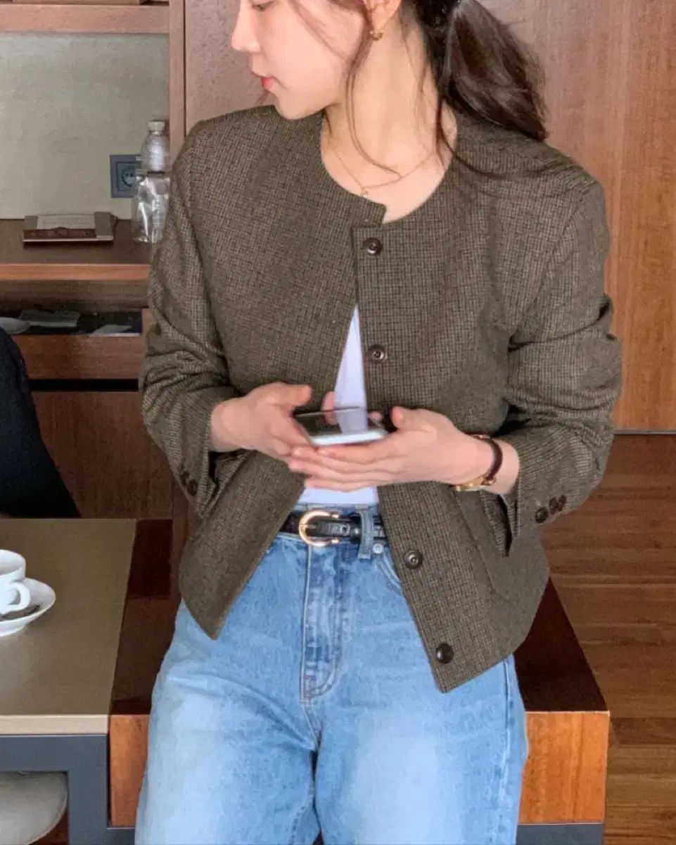 バーベイン セリーヌ ウール チェック ノー ジャケット ツイード