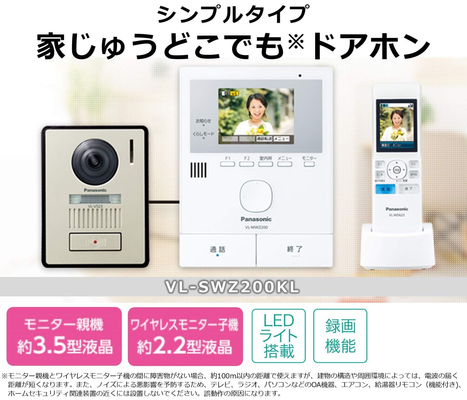 パナソニック ワイヤレスモニター付き テレビドアホン 30万画素 LEDライト搭載 どこでもドアホン VL-SWZ200KL