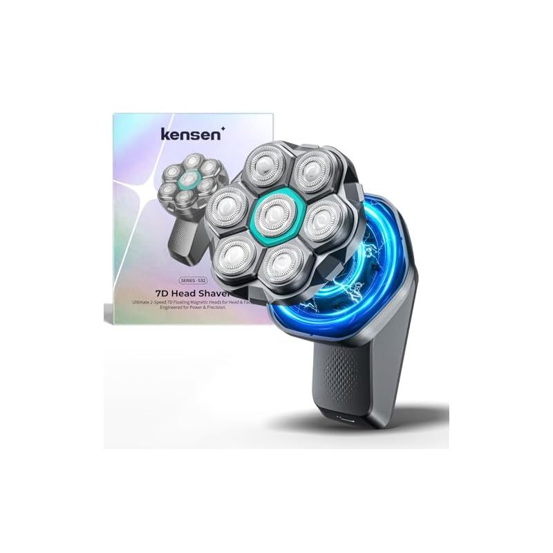 kensen スキンヘッド用シェーバー 120枚刃 2段階スピード 7Dスキンヘッド マグネット着脱式 ハゲ用 坊主用 頭髪シェーバー パワーフル 坊主頭 髭剃り 男女兼用 IPX6防水 乾湿両用 スキンヘッド用バリカン メンズシェーバー 7D回転式 LEDデ