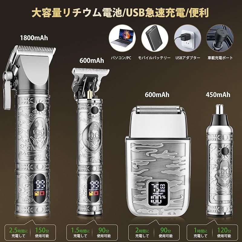 GSKY バリカンセット 往復式シェーバー 電動バリカン 鼻毛カッター USB充電式 LED表示 自動研磨 低騒音 ヒゲトリマー 家庭 業務 ショートヘア用 セルフカット 日本語説明書付き グレー