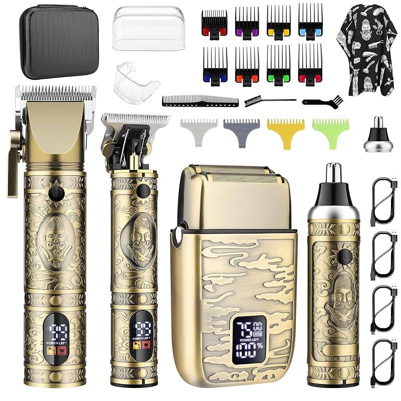 GSKY バリカンセット 電動バリカン 往復式シェーバー 鼻毛カッター USB充電式 LED表示 自動研磨 低騒音 ヒゲトリマー 家庭 業務 ショートヘア用 セルフカット 日本語説明書付き 古 銅