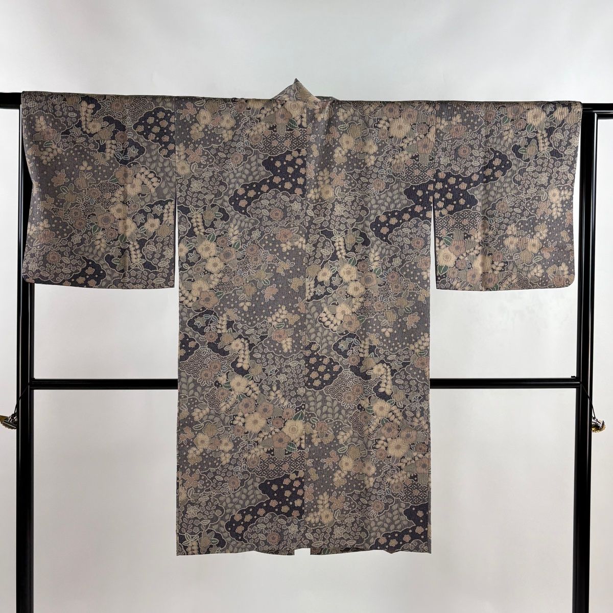 道中着 身丈104 cm 裄丈65 M 和装コート 着物衿 雲文 草花 灰紫 正絹 秀品