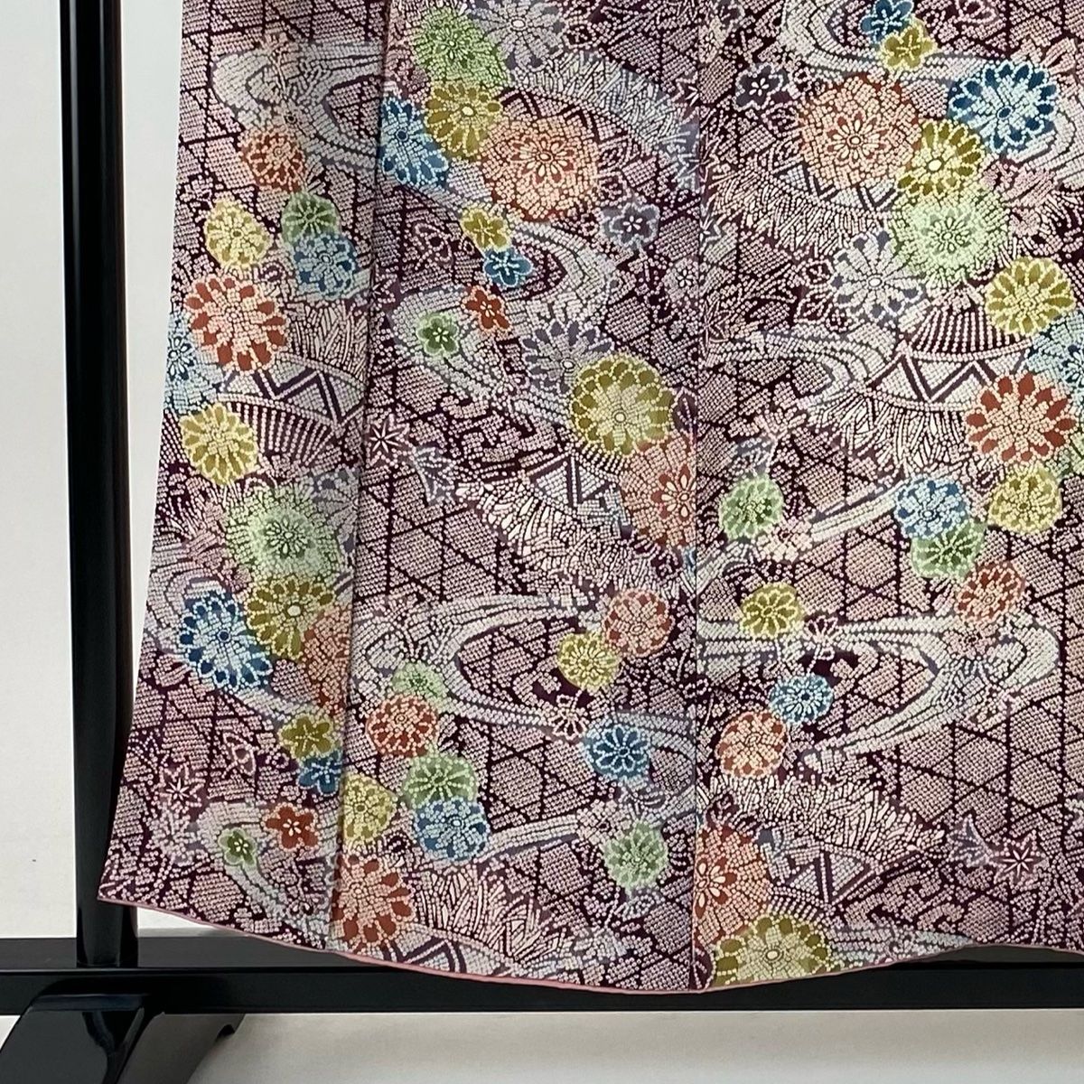 小紋 身丈156 5 cm 裄丈62 S 袷 流水 菊 縮緬 紫 正絹 秀品