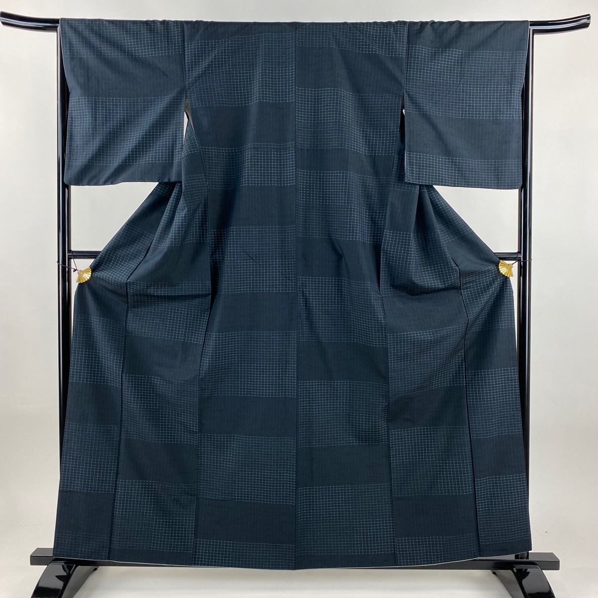 紬 身丈160 5 cm 裄丈66 M 袷 格子 縦縞模様 深緑 正絹 秀品