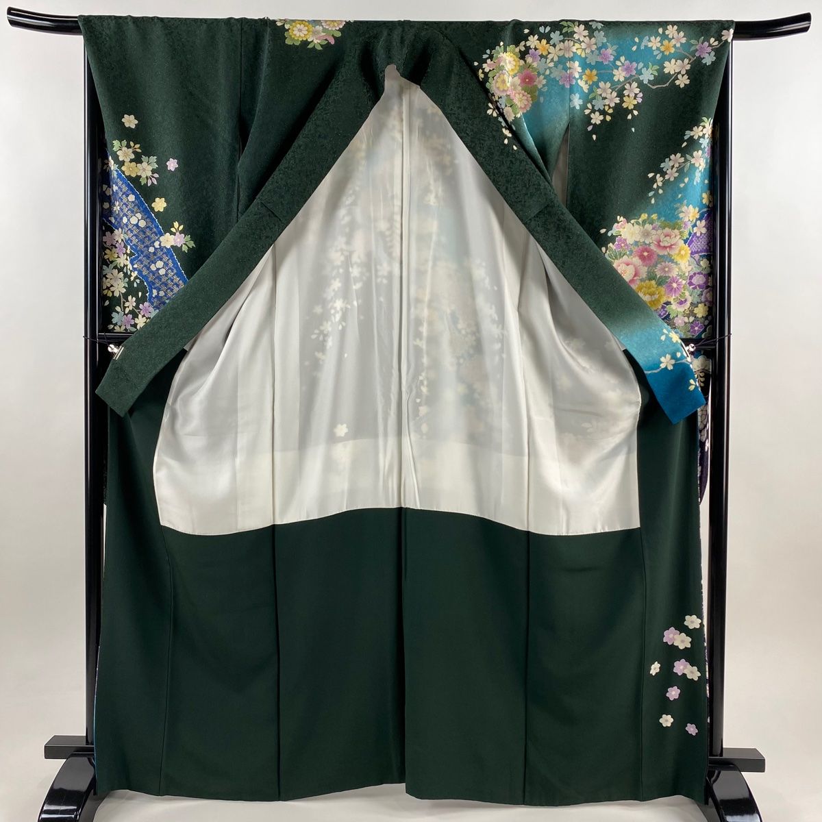 振袖 身丈166cm 裄丈67.5cm L 袷 花束 雪輪 金通し 金彩 緑 正絹 逸品