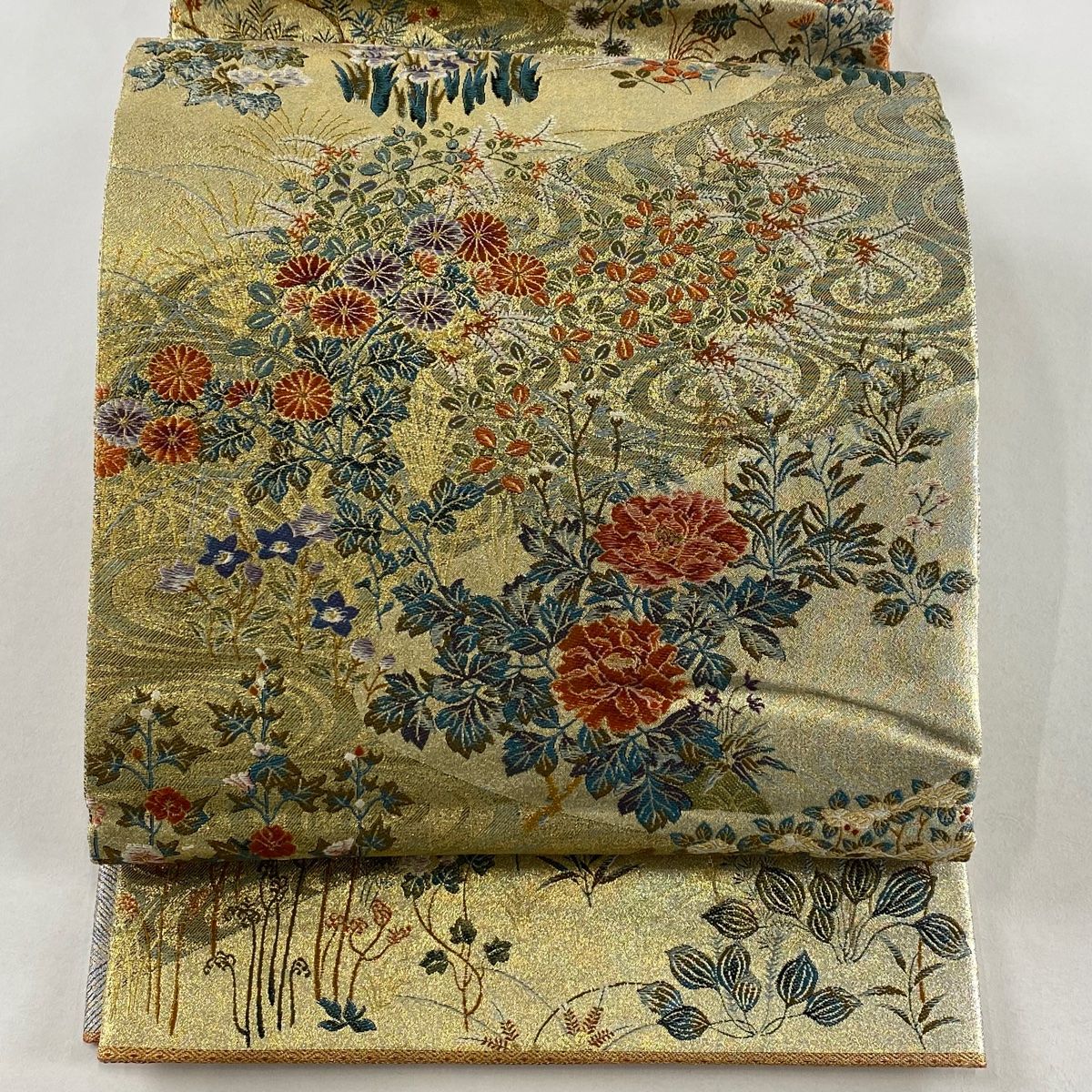 丸帯 草花 流水 金糸 箔 金色 お太鼓柄 正絹